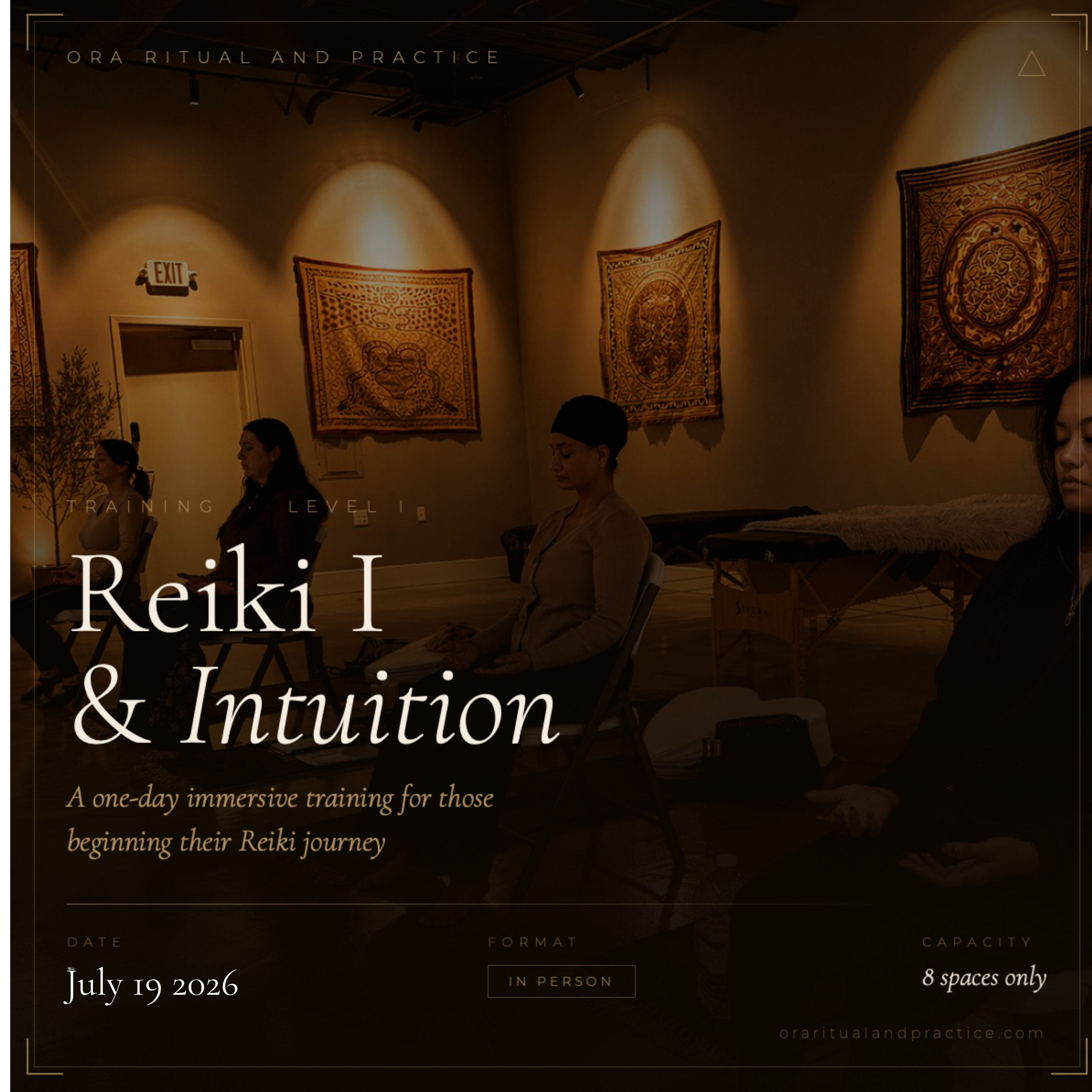 Details of an event poster titled 'Reiki 1 & Instruction' with a background of hanging tapestries with intricate patterns, dark lighting, and text showing event date July 19, 2026, and details about the event.