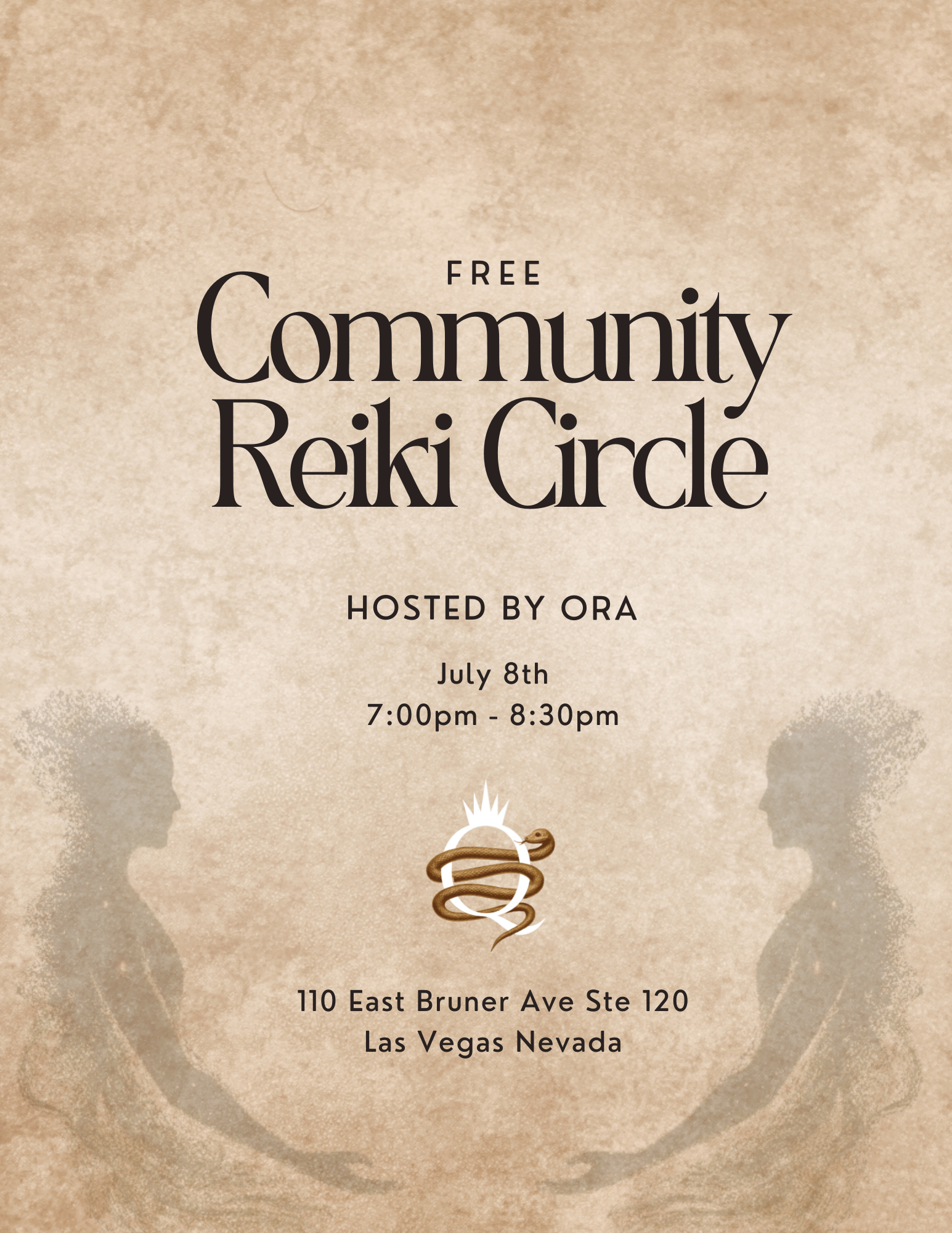 Invitation for a free community Reiki circle event with silhouettes of two people facing each other, a snake emblem, and event details including date, time, and location in Las Vegas, Nevada.