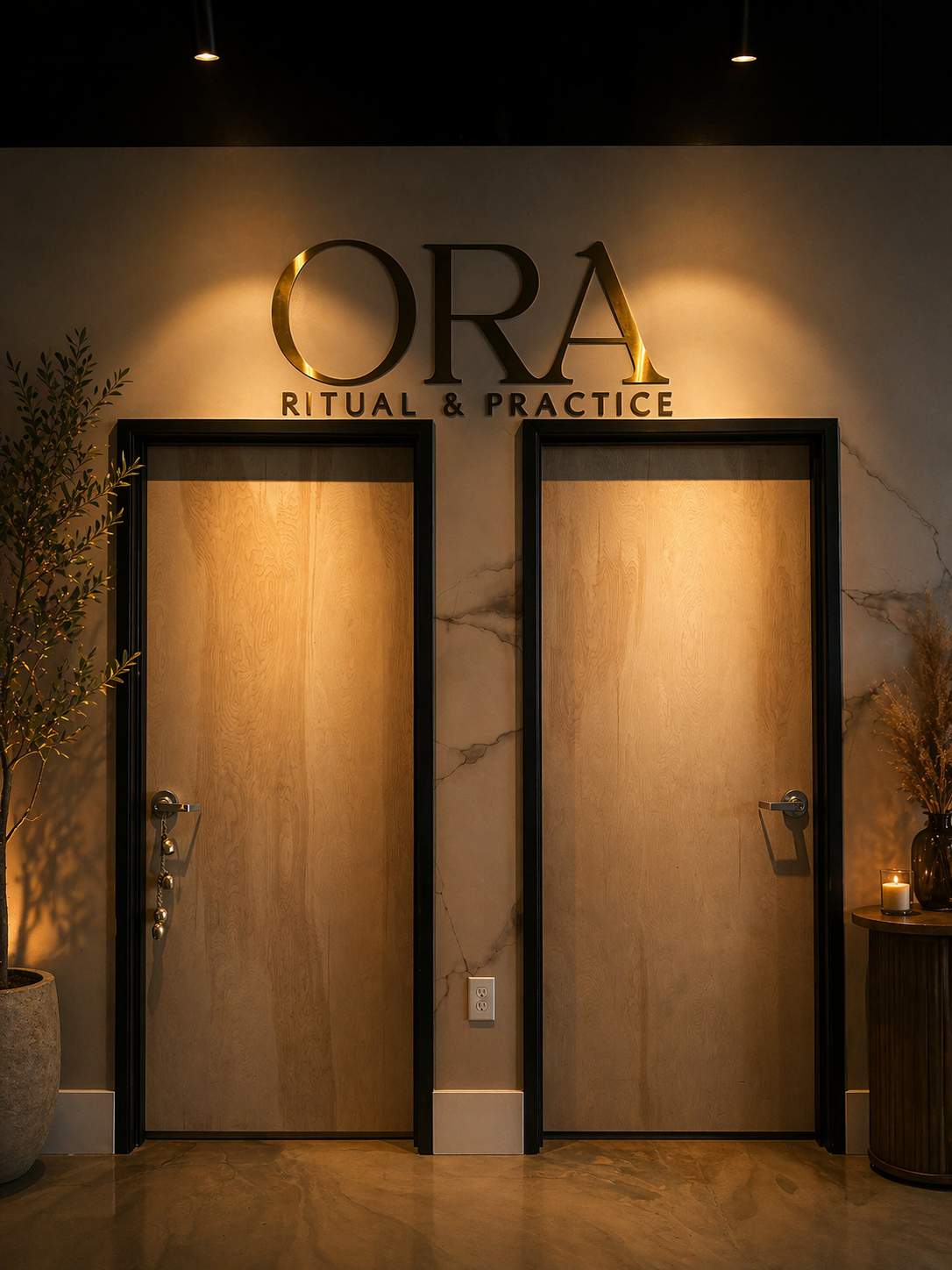 Interior of ORA Ritual & Practice with two closed wooden doors, potted plants, and candle on a side table.
