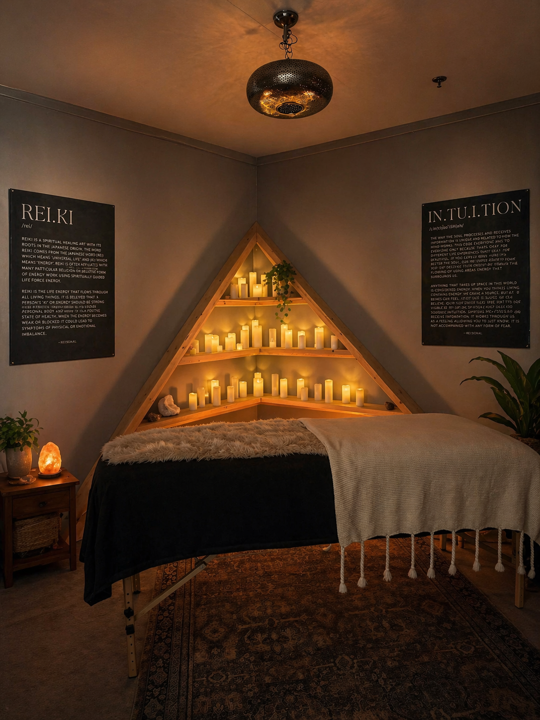 A cozy room with a massage table covered in a blanket, surrounded by numerous lit candles on wooden shelves forming a triangle, and two posters about Reiki and Intuition on the walls. A small table with a salt lamp and plant, and a plant in the corner.