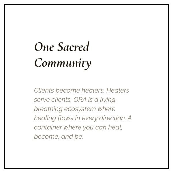 Text-based image with the title 'One Sacred Community' and a description about healers and a healing ecosystem.