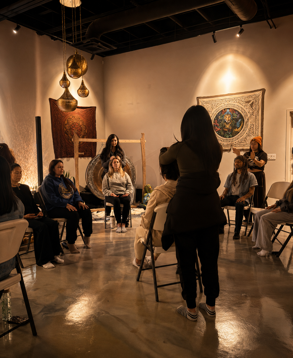 Group of people participating in a spiritual or meditation session in a dimly lit room with Asian decor and artwork.