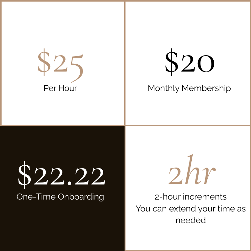 Pricing options for a service: hourly at $25, monthly at $20, one-time onboarding fee of $22.22, with 2-hour increments available for extension.