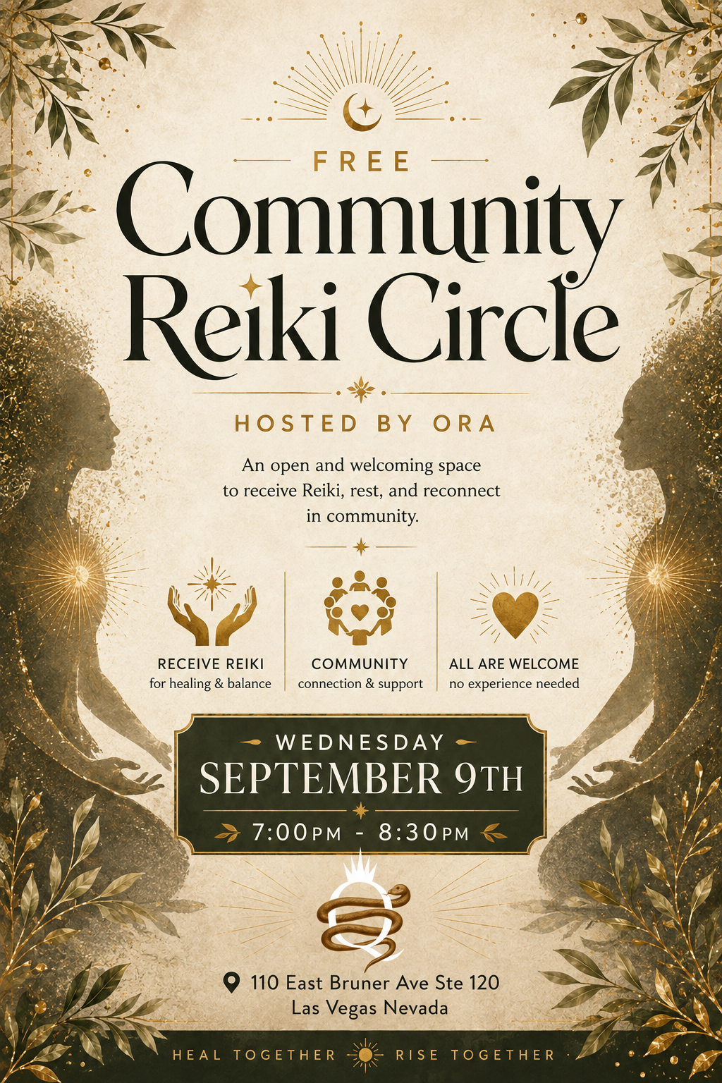 Invitation poster for a free community Reiki circle event hosted by Ora, held indoors with decorative leafy borders, featuring images of meditating women, Reiki symbols, and a snake with a halo. The event takes place on Wednesday, September 9th, from 7:00 PM to 8:30 PM at 110 East Bruner Ave, Ste 120, in Las Vegas, Nevada.