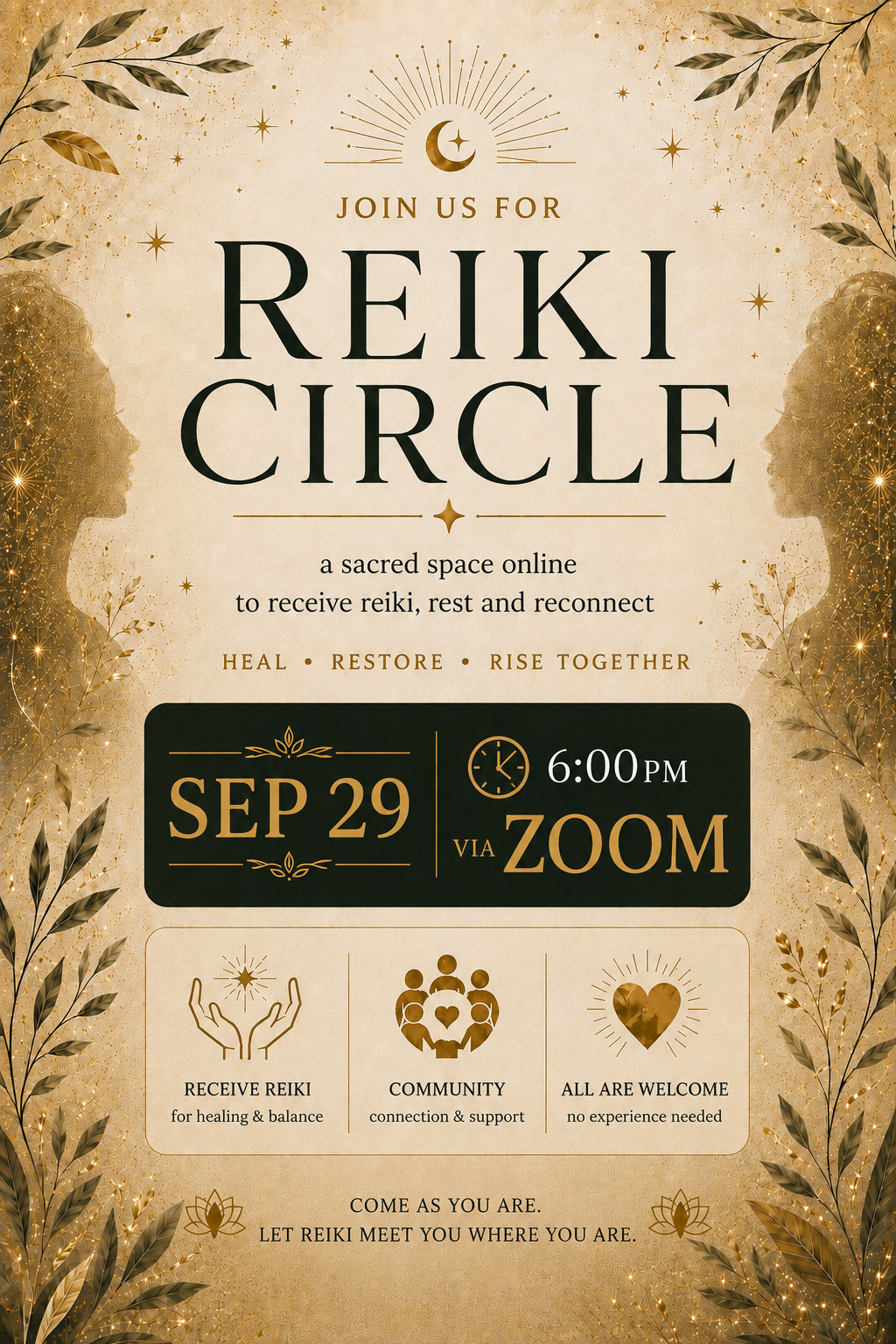 Event flyer for an online Reiki Circle on September 29 at 6:00 PM via Zoom. Features gold and black theme with decorative leaves and stars. Includes details about healing, community, and welcoming all levels.