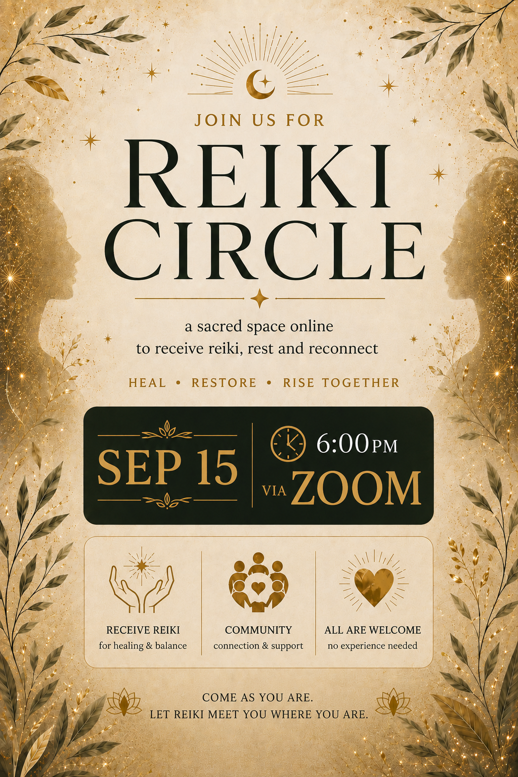 Invitation poster for a virtual Reiki circle event on September 15th at 6:00 PM via Zoom. The poster features a gold and beige celestial theme with images of women and symbols of healing, community, and welcoming.
