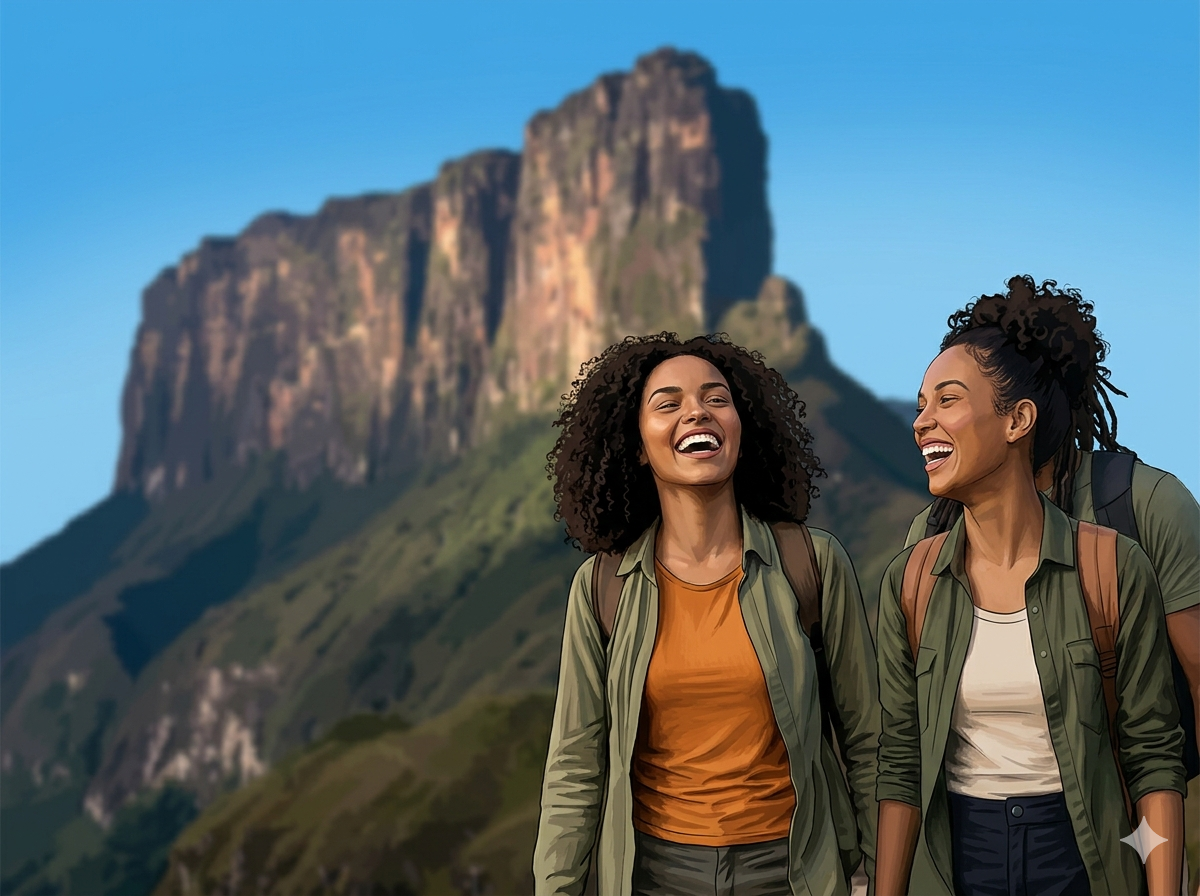 Three women with backpacks hiking in front of a large mountain on a sunny day. They are smiling and laughing.