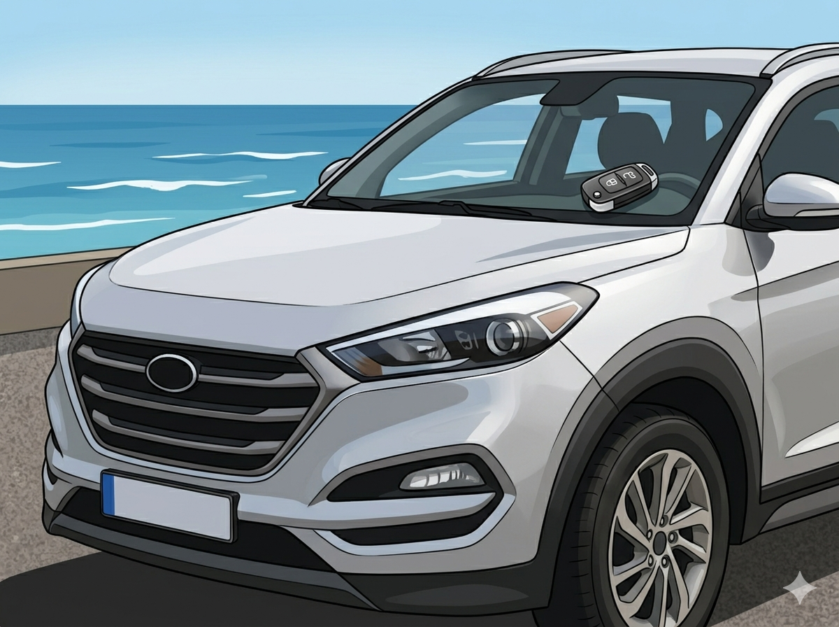 A white SUV parked near the ocean, with a car key placed on the dashboard inside the vehicle.