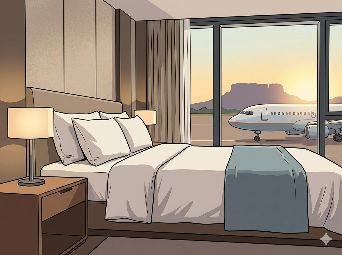 A hotel room with a bed, two lamps on nightstands, and large windows showing an airplane on the tarmac at sunset.