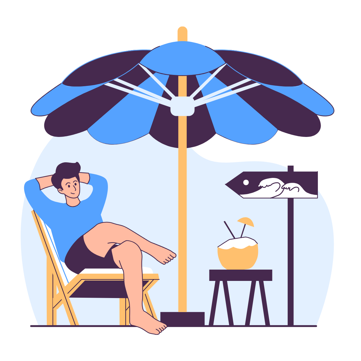 Pessoa deitada em uma cadeira de praia sob um guarda-sol azul, com uma bebida de coco ao lado e um sinal com uma tartaruga ao fundo.