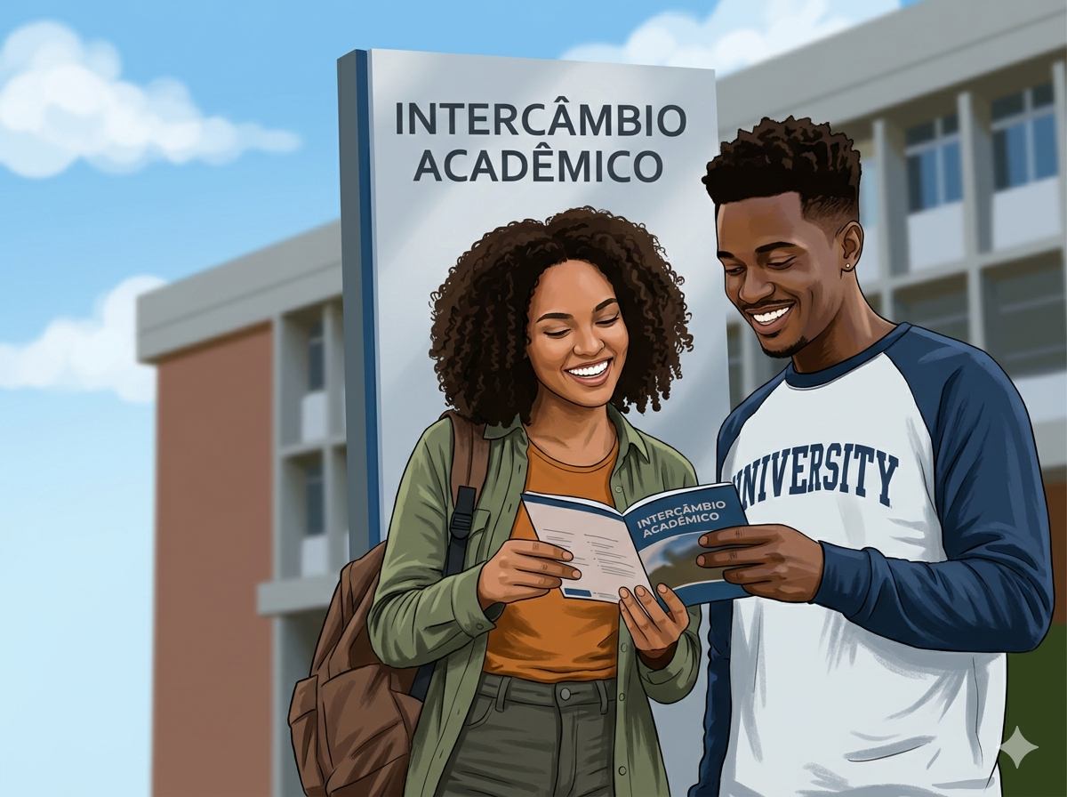 Two college students, a woman with curly hair and a man with short hair, smiling and holding a brochure labeled 'Intercâmbio Acadêmico' outside near a university building on a sunny day.