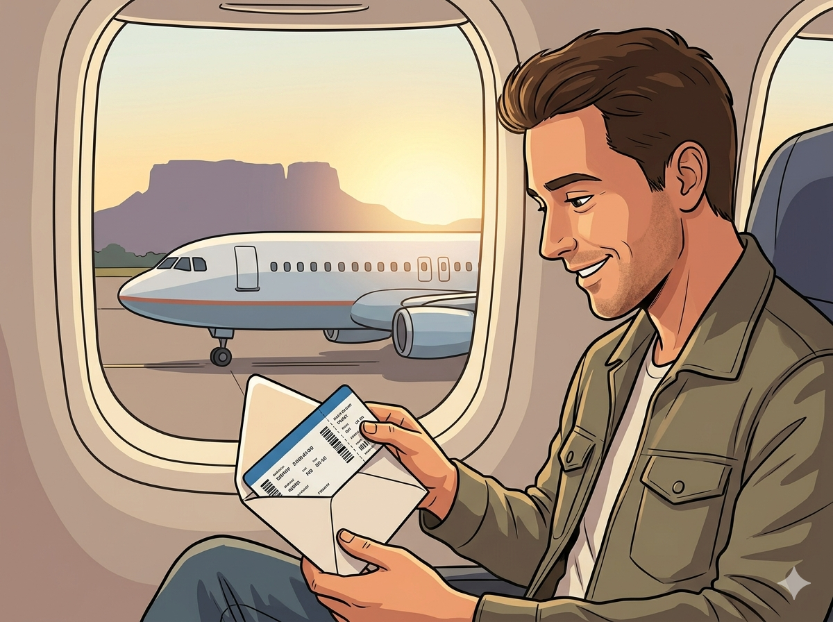 Homem sorridente sentado no avião, olhando seu bilhete de embarque, com uma aeronave na pista ao fundo durante o pôr do sol.