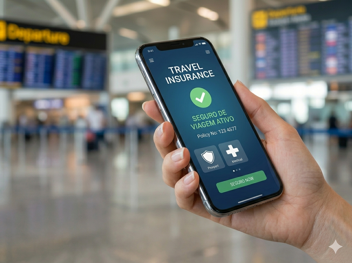 Person holding a smartphone displaying travel insurance app at an airport.