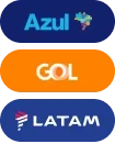 Logo collage featuring Azul in blue with a map icon, GOL in orange with white text, and LATAM in dark blue with a stylized airplane icon.