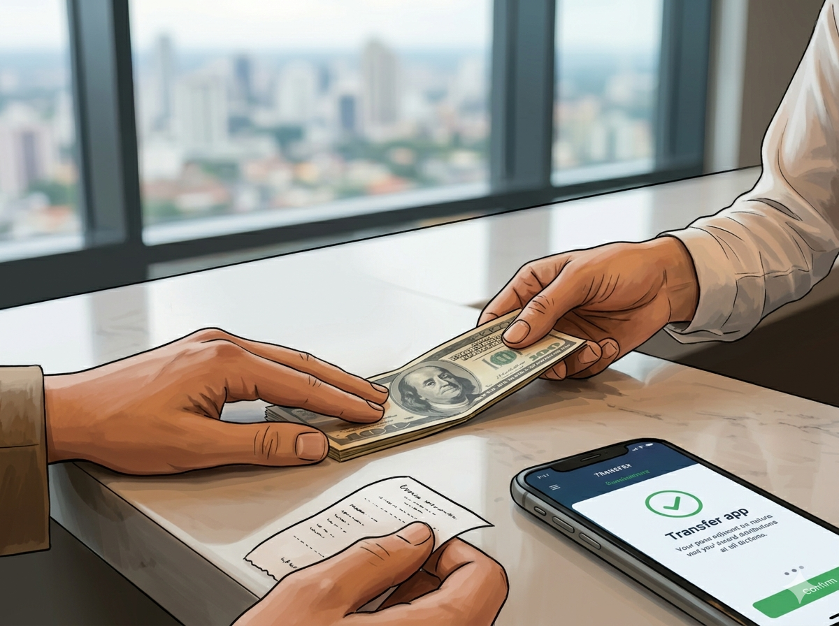 Two people exchanging a bundle of hundred-dollar bills across a counter with a smartphone displaying a transfer app and a receipt, with a cityscape view through large windows in the background.
