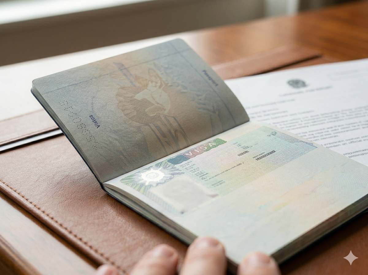 An open passport with a visa page and a boarding pass on a wooden surface.