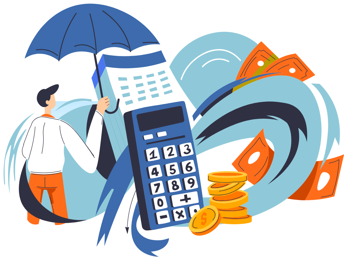 Ilustração de uma pessoa segurando um guarda-chuva sobre uma calculadora, documentos e dinheiro, representando gestão financeira ou planejamento econômico.