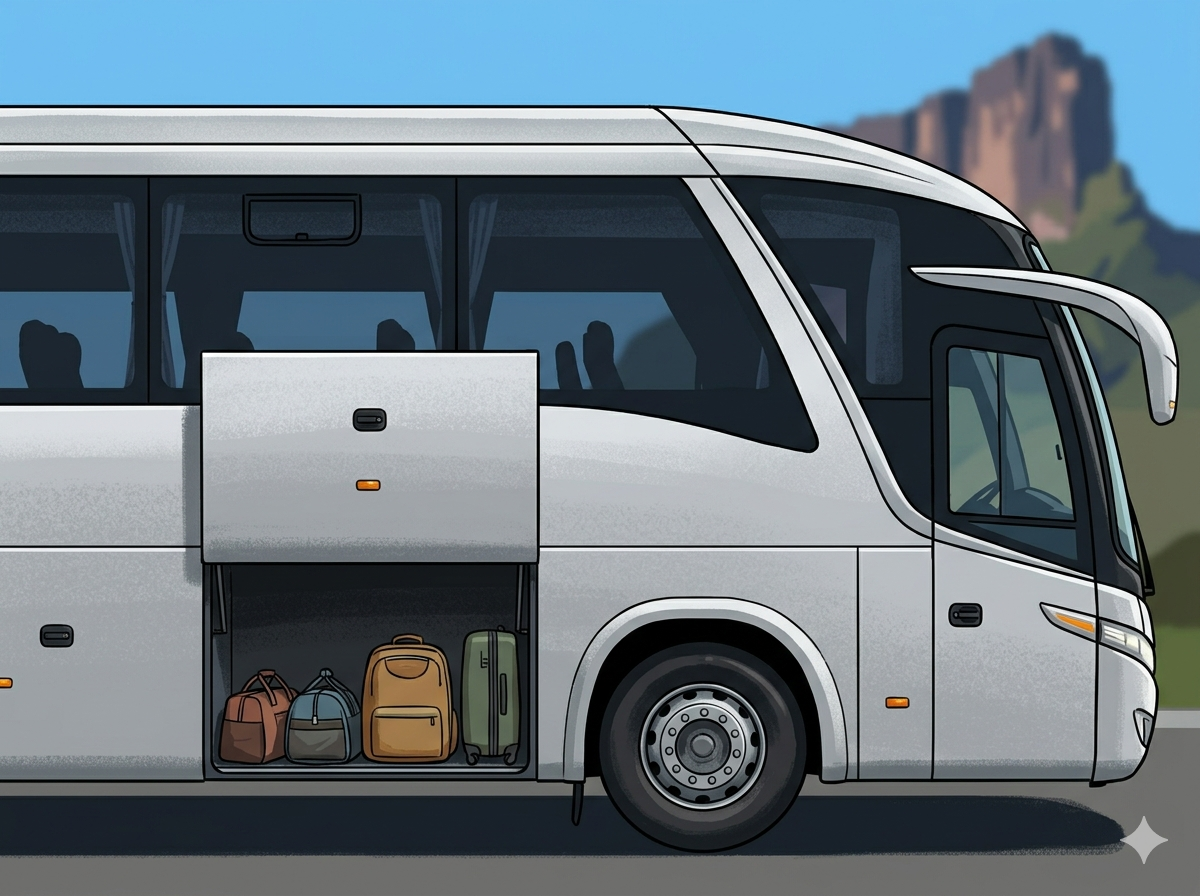 Illustration of a silver tour bus with luggage in an open storage compartment, mountains and trees in the background, under a clear blue sky.