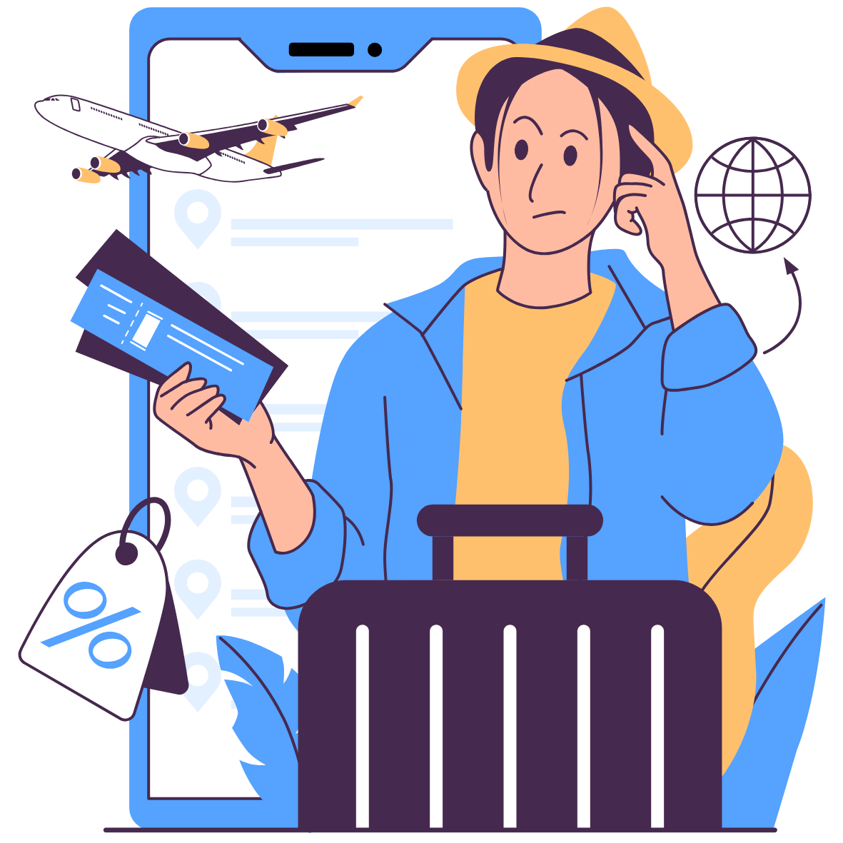 Pessoa pensando, segurando passagens aéreas, com mala, ao lado de um celular com um ícone de avião, símbolo do mundo, e um cartão de desconto, simbolizando planejamento de viagem.