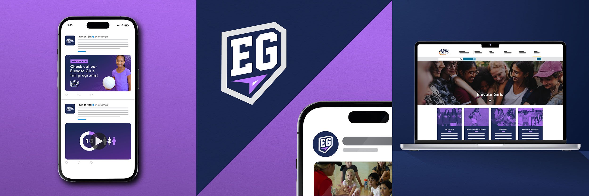 Digital devices displaying websites and social media pages for Elevate Girls program with a logo featuring a shield with the letters EG, purple and blue color scheme, and photos of girls participating in activities.