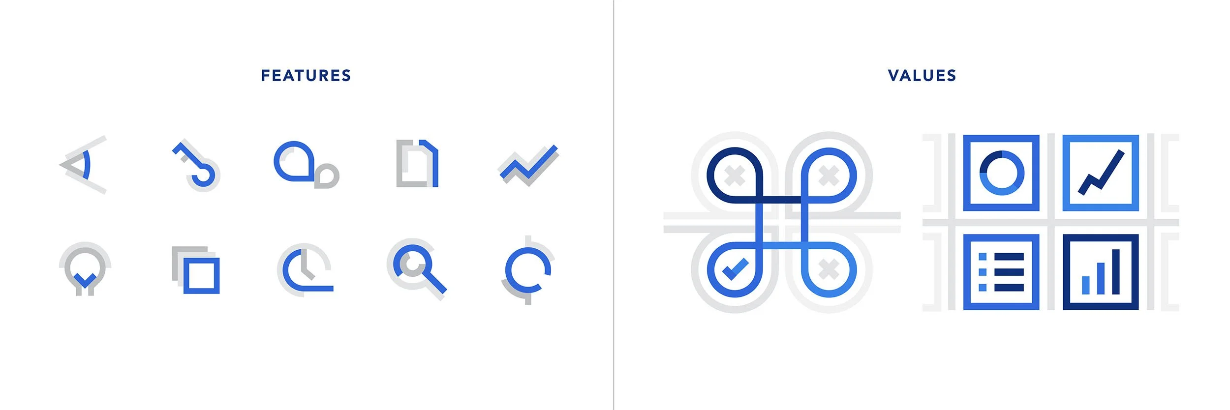 Comparison chart displaying features on the left side and values on the right side, with icons representing various features and data points in blue and white.