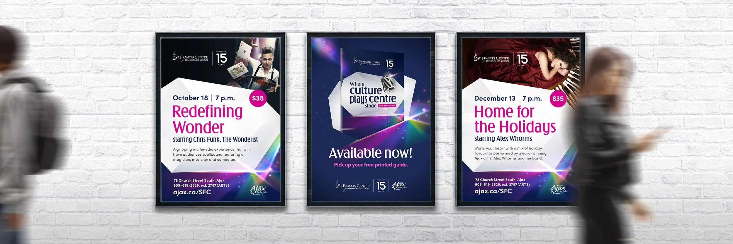 Three posters on a white brick wall advertising events at St. Francis Centre, with blurred people walking past.
