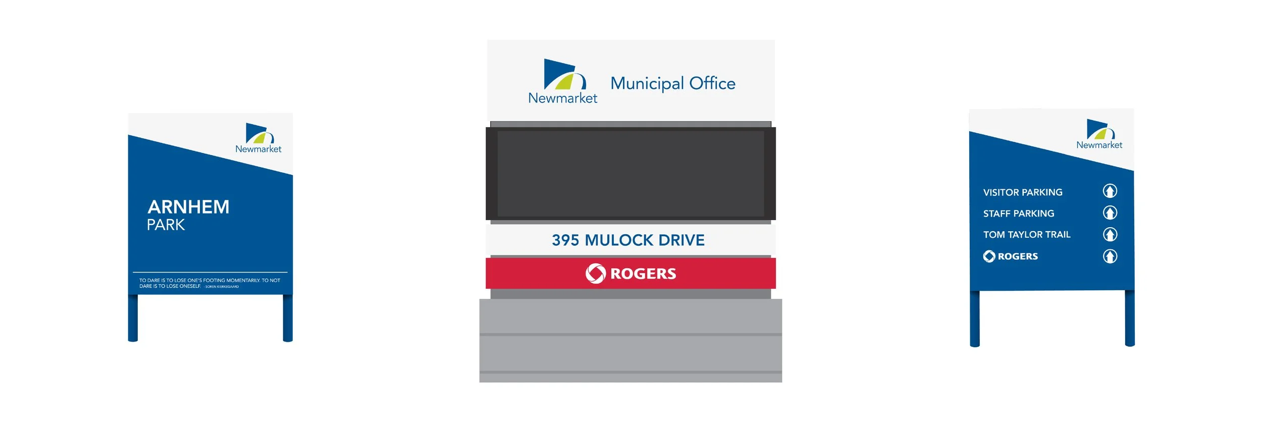 Signage for the Newmarket municipal office (located at 395 Mulock Drive), alongside a sign for Arnhem Park and a random wayfinding sign of locations & arrows.