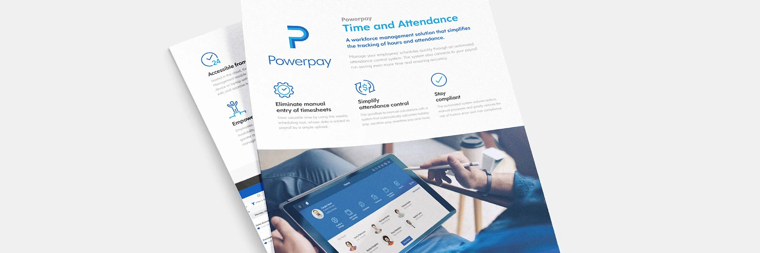 A flyer for Powerpay employee workforce management software, showing features like time and attendance tracking, with a person using a tablet displaying the app interface.