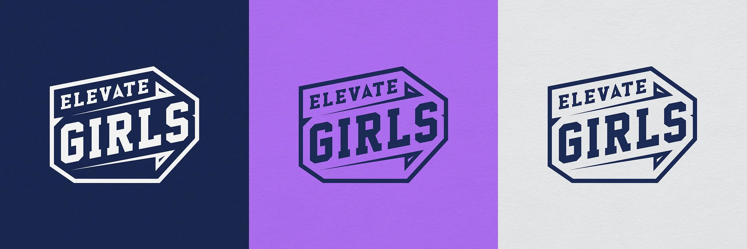 Three variations of a logo with the text 'ELEVATE GIRLS' inside an outline of a stop sign, with different background colors: dark blue, purple, and light gray.