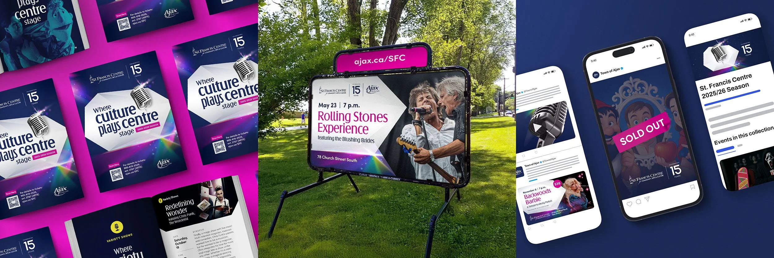 St. Francis Centre Season Guides on pink background, a Curbex sign advertising an upcoming performance, and a mix of social media posts.