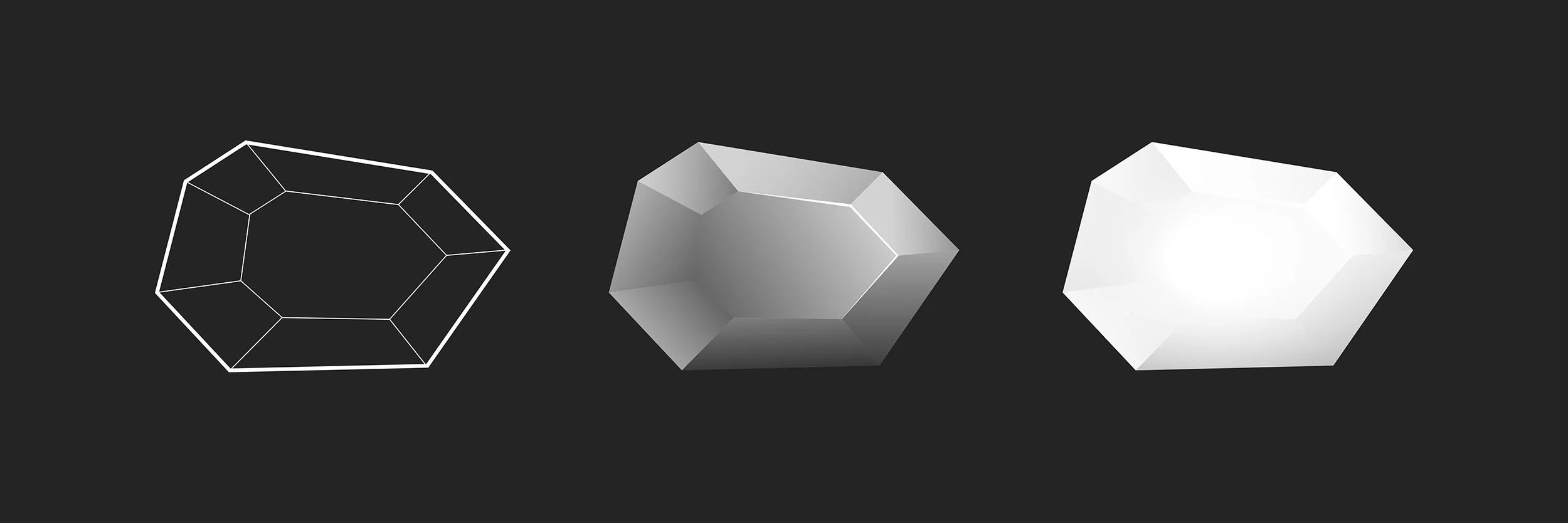 Progression of a 3D geometric shape from wireframe, to shaded, to illuminated.