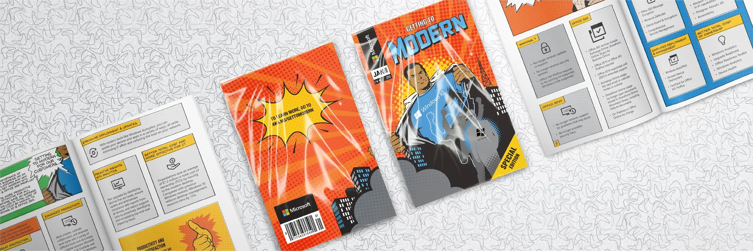 Comic book-style spread about Microsoft and Windows 10, featuring colourful illustrations and text, with a focus on modern technology and software upgrades.