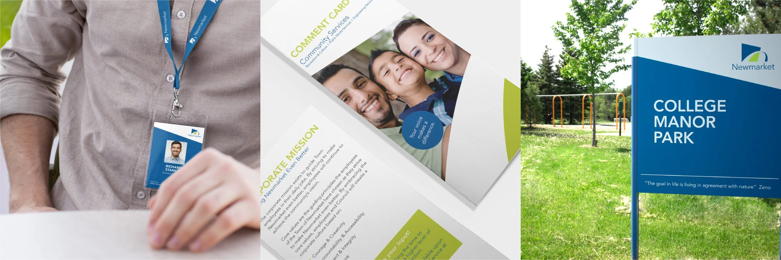 A close-up of a person wearing a gray shirt with a blue lanyard and an identification card, holding a brochure featuring smiling people and text about corporate mission. Next to it, there is a blue sign reader that says "College Manor Park" with a qu