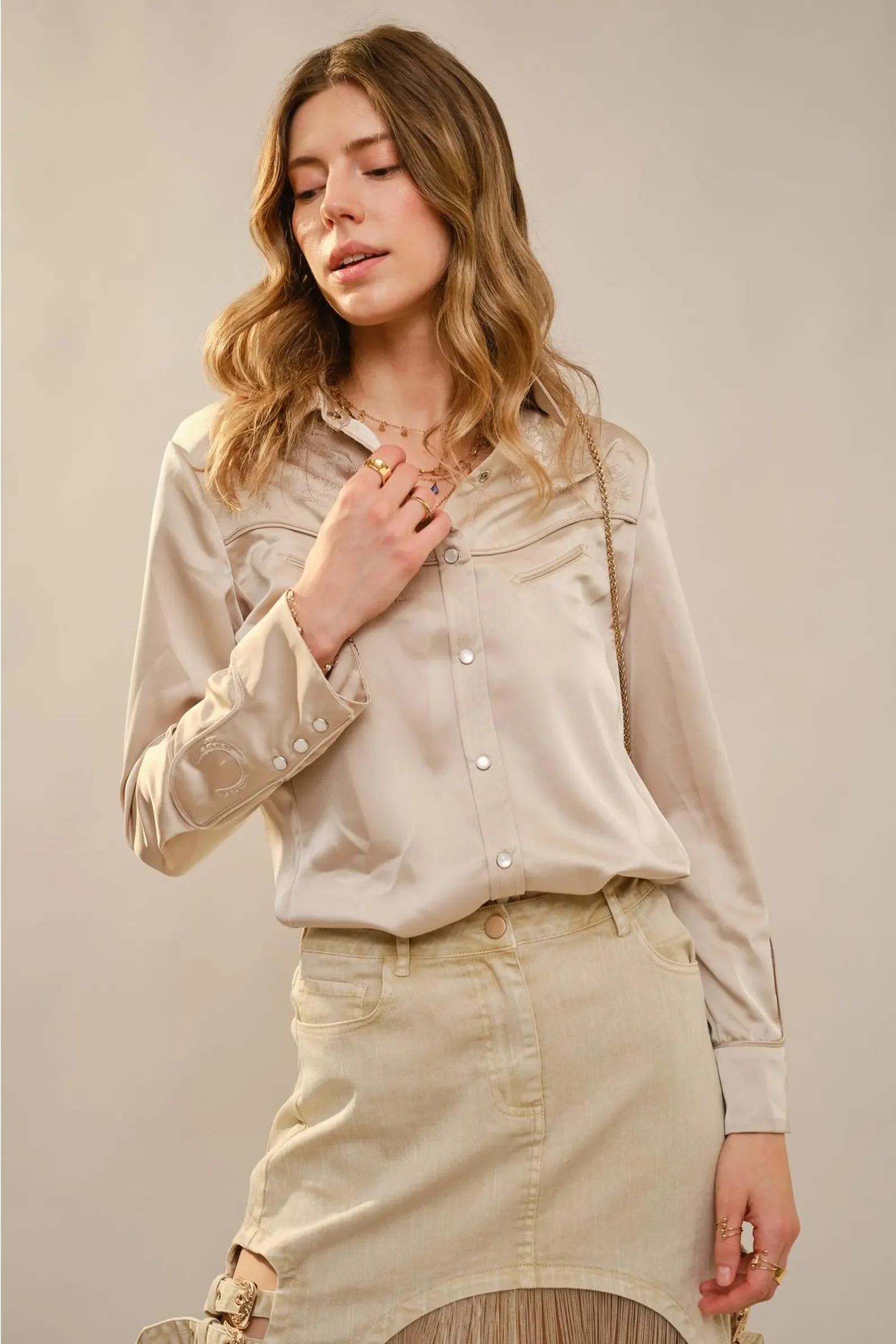 Ladies Tan Satin Western Embroidered Snap Shirt