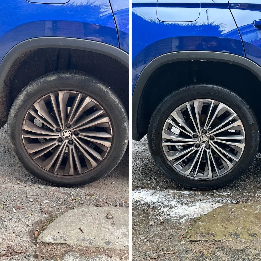 Side-by-side comparison of a blue vehicle's front wheel, showing a dirty wheel on the left and a clean, shiny wheel on the right.