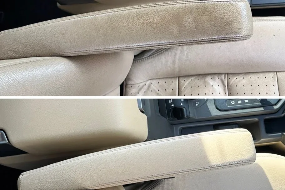 Comparison of a worn, dirty car armrest and a clean, refurbished armrest inside a vehicle.