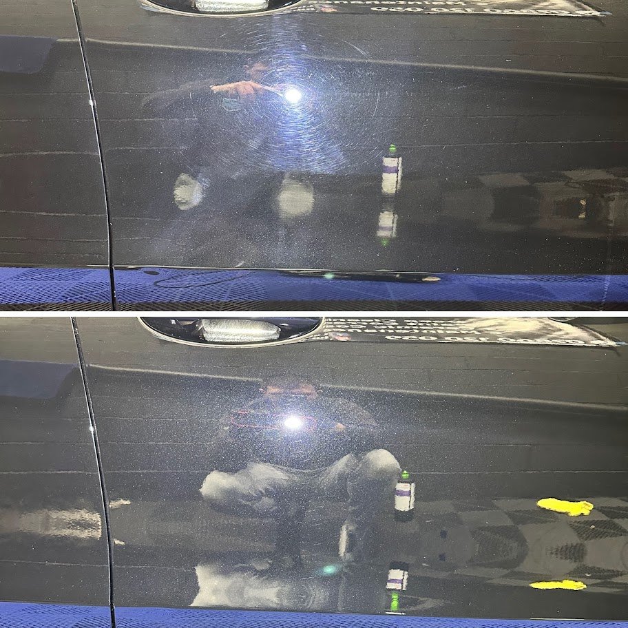 Comparison of a car door before and after polishing, showing less visible scratches and swirl marks in the after image.