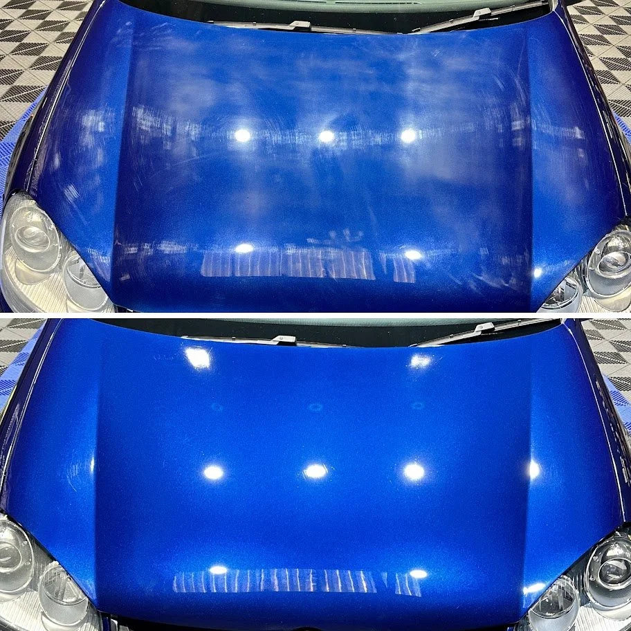 Comparison of a car hood before and after cleaning, showing the removal of dirt and scratches to reveal a shiny, smooth, bright blue surface.
