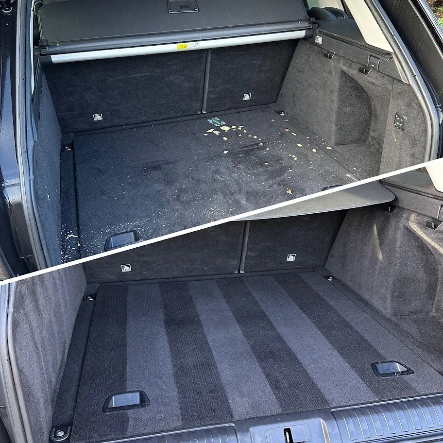 Comparison of a car's trunk before and after cleaning, showing removal of debris and installation of a clean, striped carpet liner.