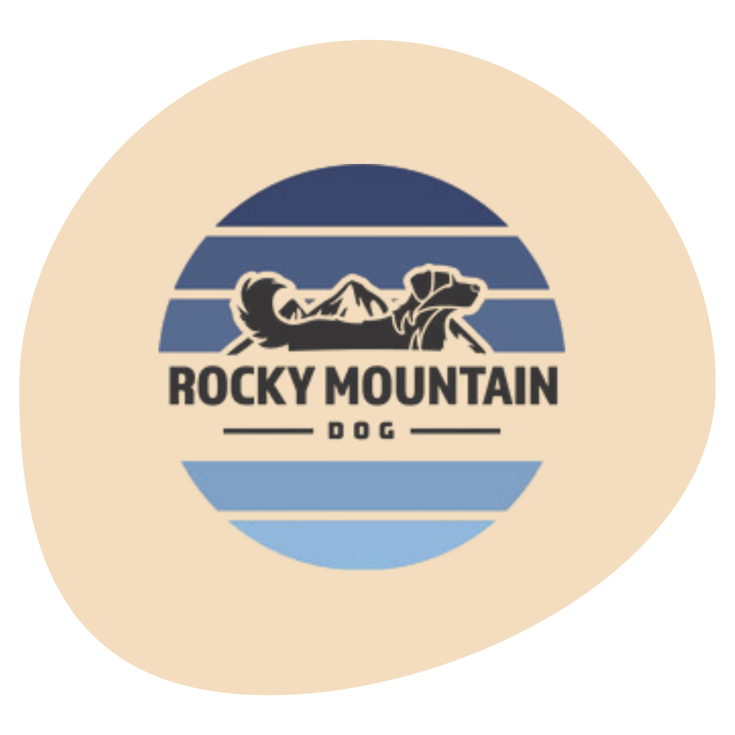 Logo of Rocky Mountain Dog with mountains, sky, and a dog silhouette