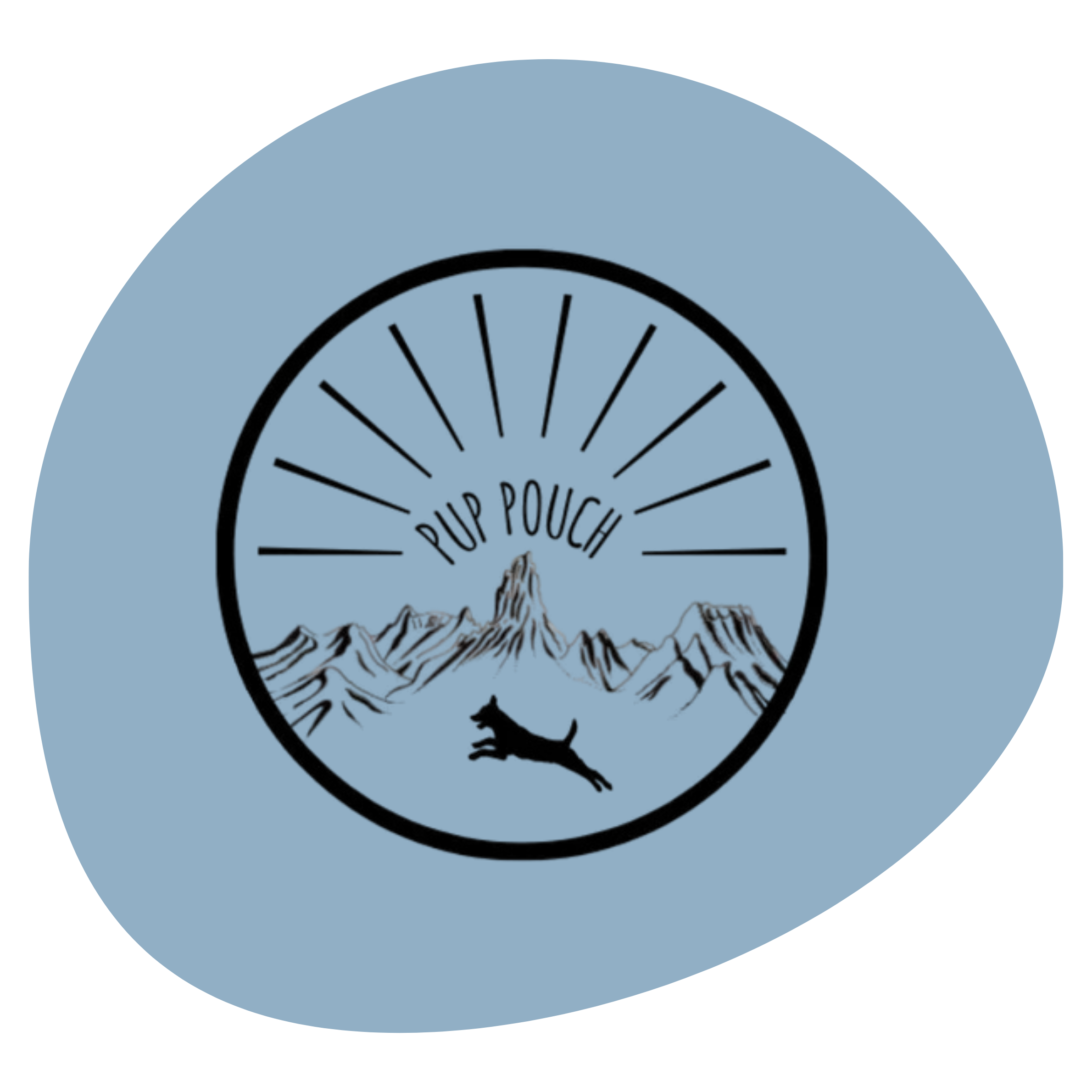 A light blue circular logo with black outline and black text displaying the words "Pulp Pouch" and an illustration of a mountain, a river, and a bear beneath the text.