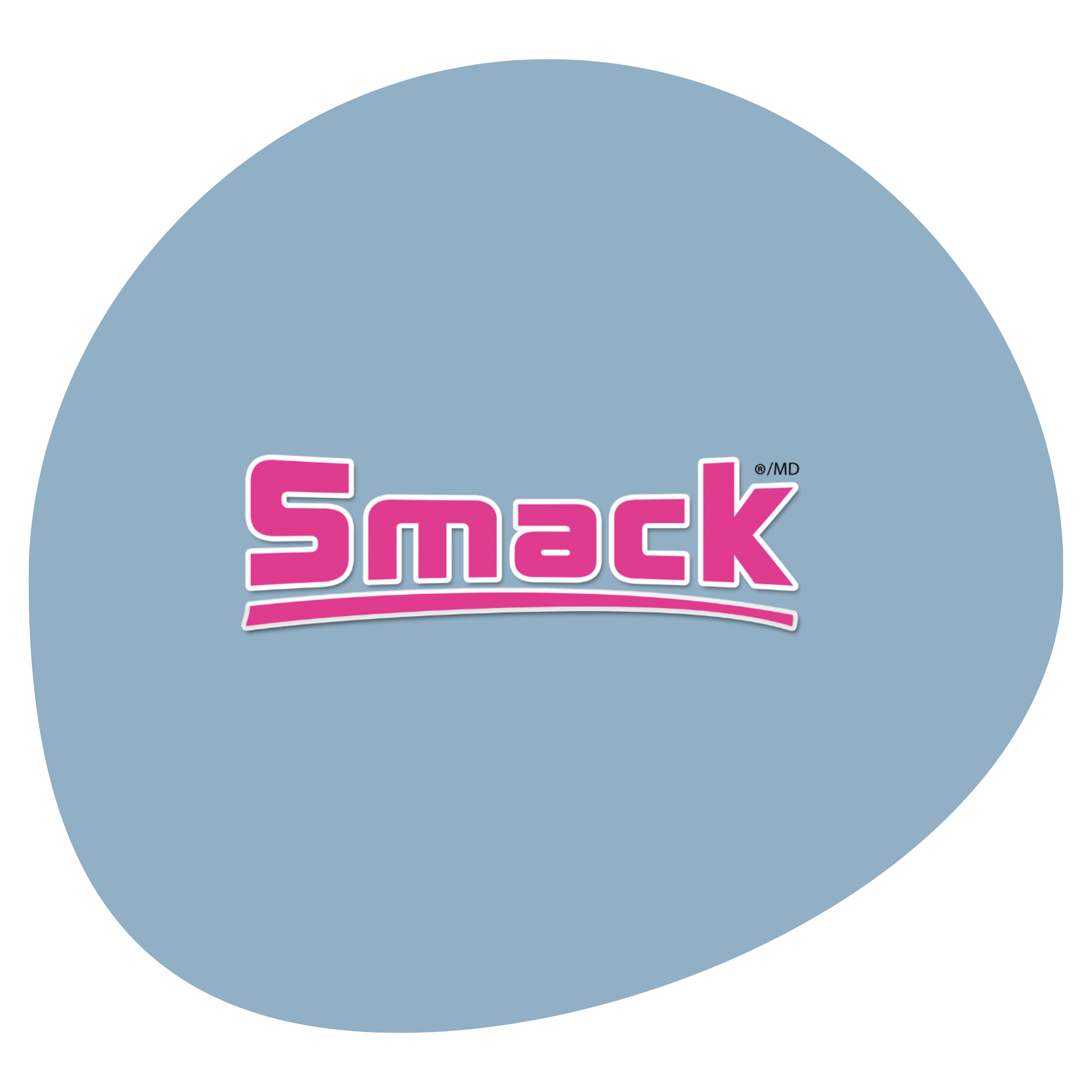 Colorful logo with the words 'SMACK' in pink and white, set against a light blue background.