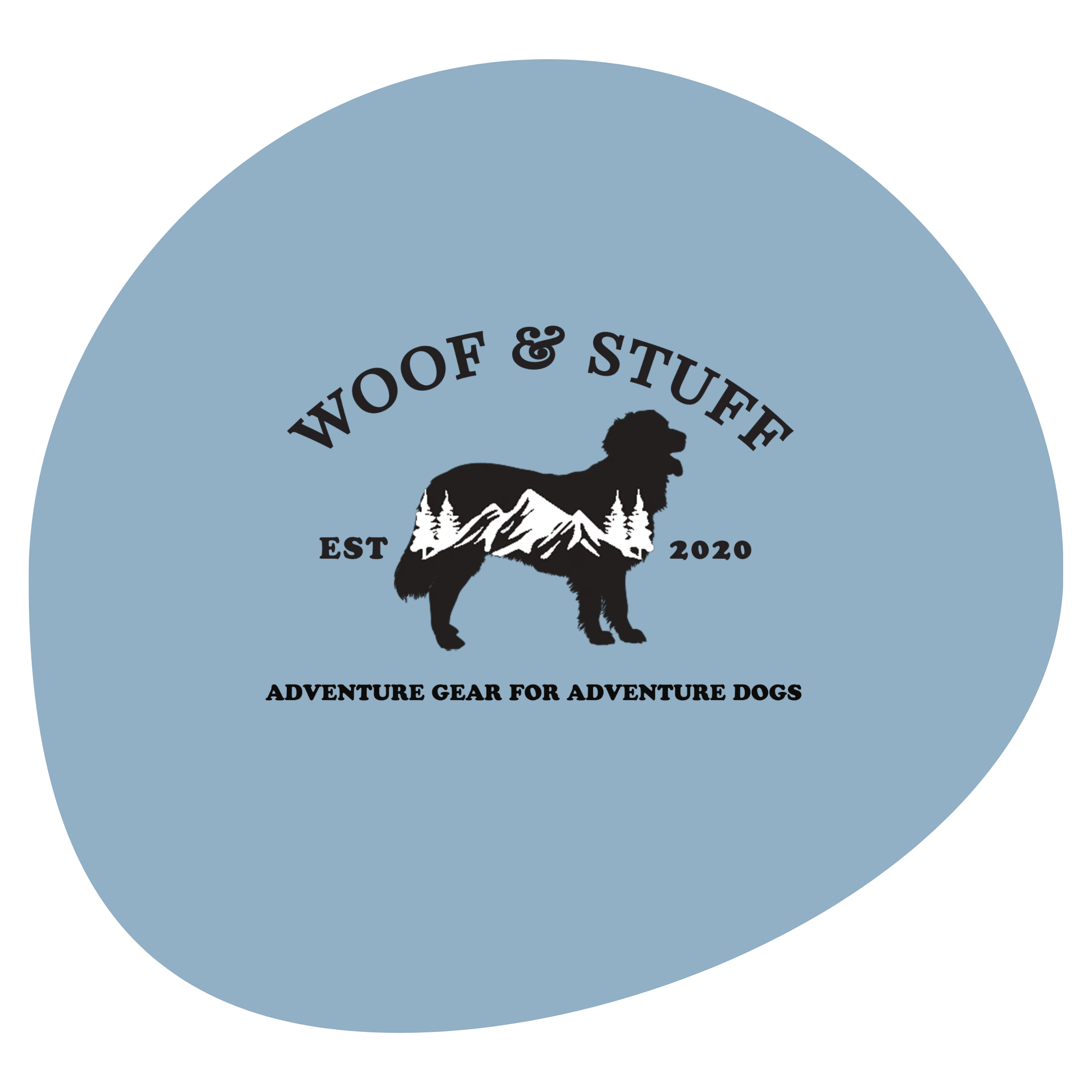 Logo with a silhouette of a dog against mountain and forest background, featuring text that reads "Woof and Stuff"