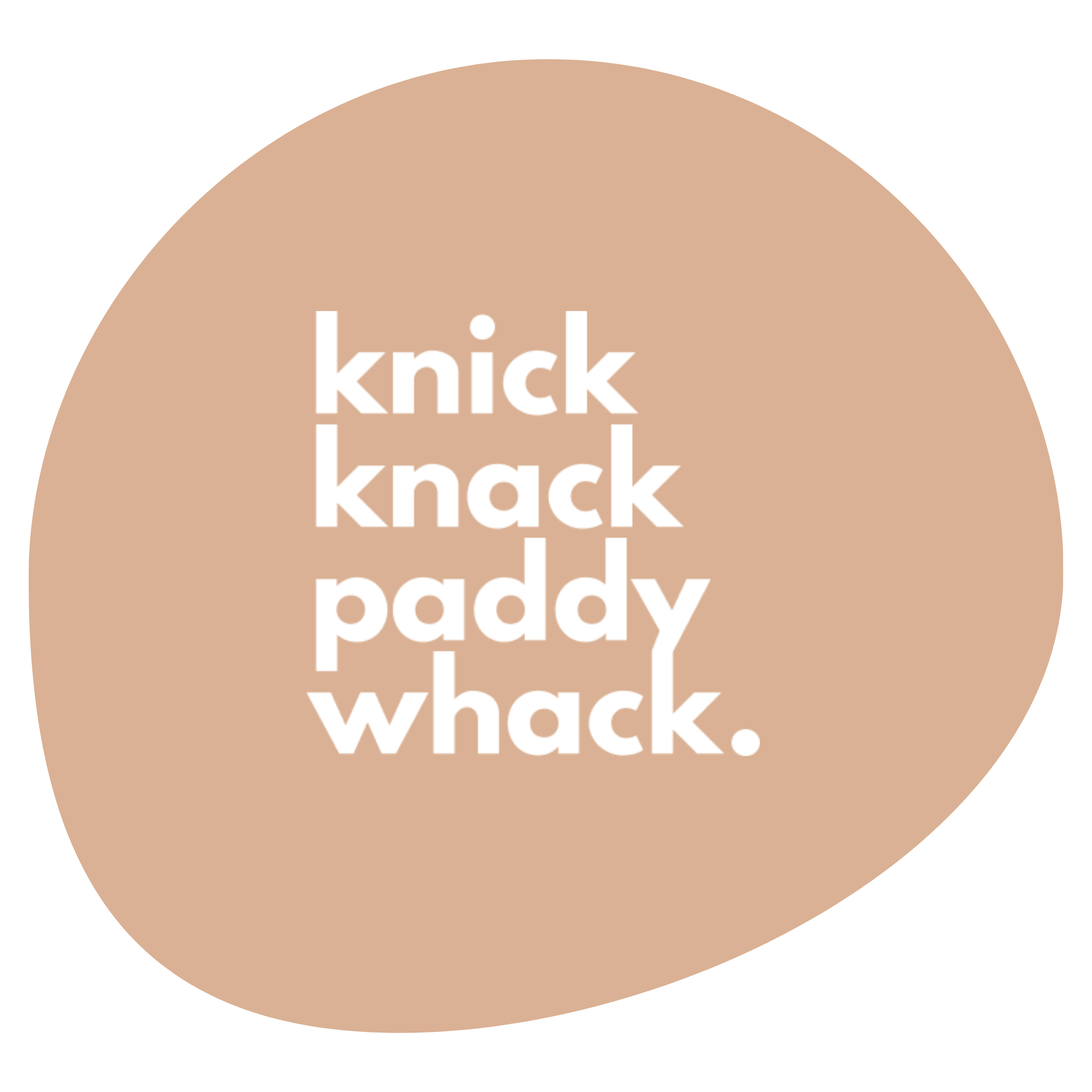 A pink circular object with the phrase "knick knack paddy whack" written in white text.