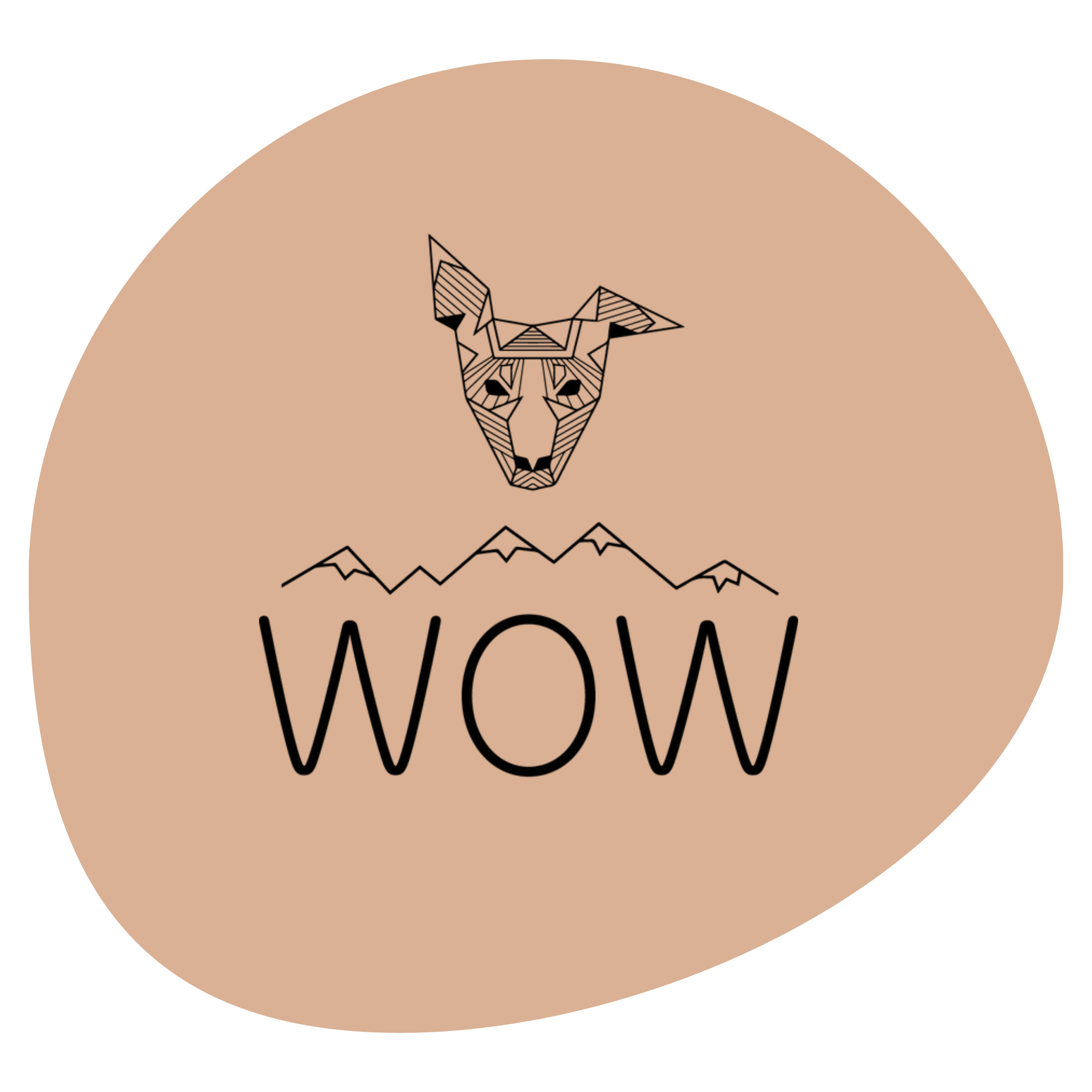 Graphic design featuring a stylized fox face with geometric lines, mountains, trees, and the words WOW Treats underneath