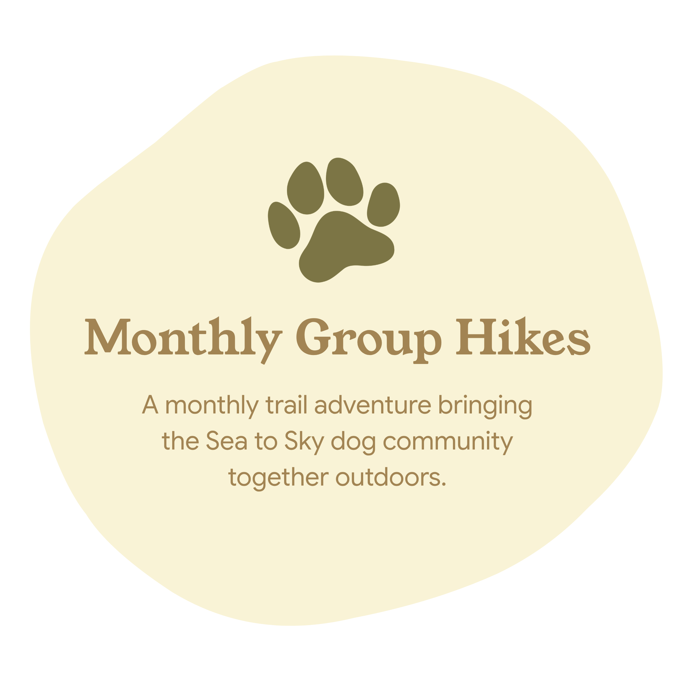 Logo for Monthly Group Hikes with a paw print, featuring a beige circle background and brown text.