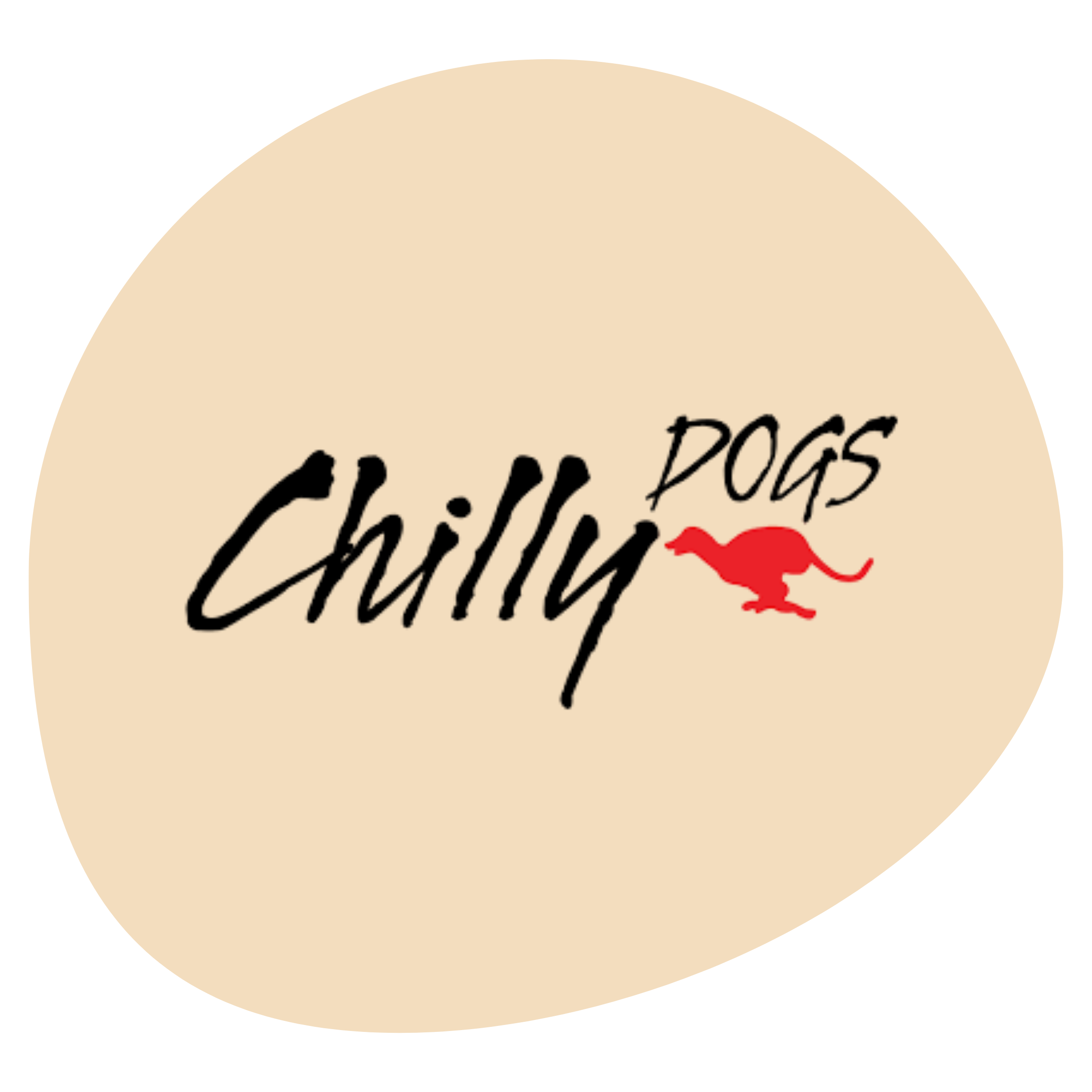 Close-up of a beige round sign with black cursive text that reads "Chilly Dogs"