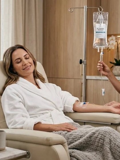 Woman in a white bathrobe smiling while sitting in a hospital room, receiving IV fluids from a healthcare professional. Defy RS | Daxxify & Lip Filler in Pueblo West CO