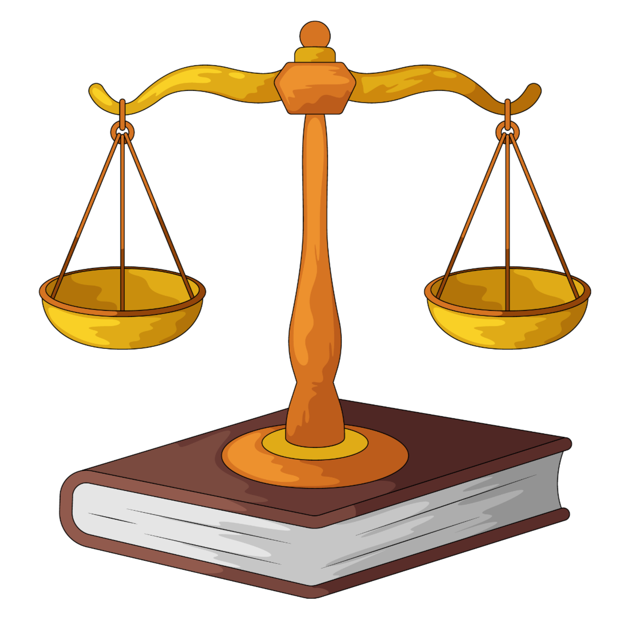 A cartoon illustration of a balance scale with a wooden base on top of a closed book.