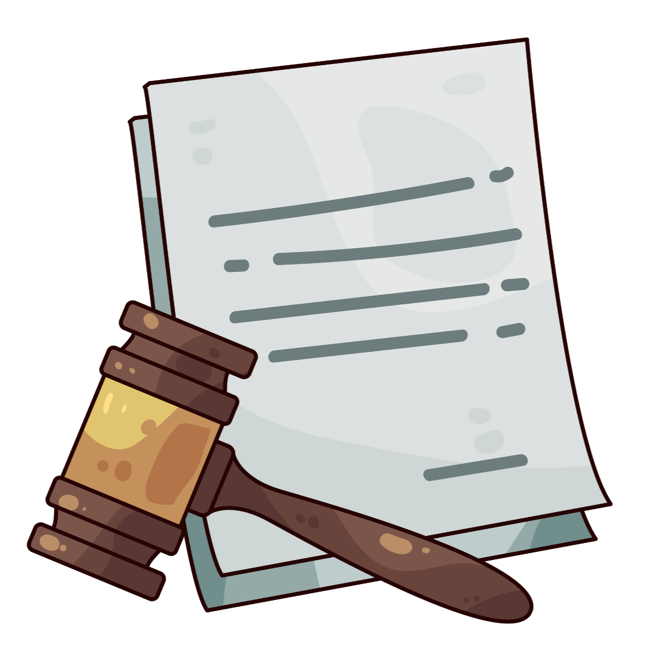 Illustration of a judge's gavel resting on top of a stack of papers with lines of text.